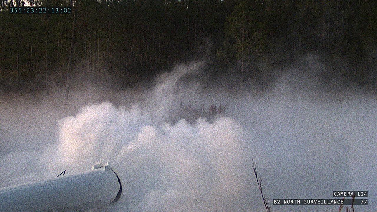 Operators at the B-2 Test Stand at Stennis Space Center near Bay St. Louis, Mississippi, conducted a wet dress rehearsal for the hot fire test of the core stage of NASA’s Space Launch System on Dec. 21, 2020. In this image, liquid oxygen can be seen venting from B-2 Test Stand piping. Following the wet dress rehearsal, operators will conduct a full hot fire test of the core stage and its four RS-25 engines. The hot fire will conclude a series of eight Green Run tests of all core stage systems before it is transported to Kennedy Space Center for launch on the Artemis I mission.